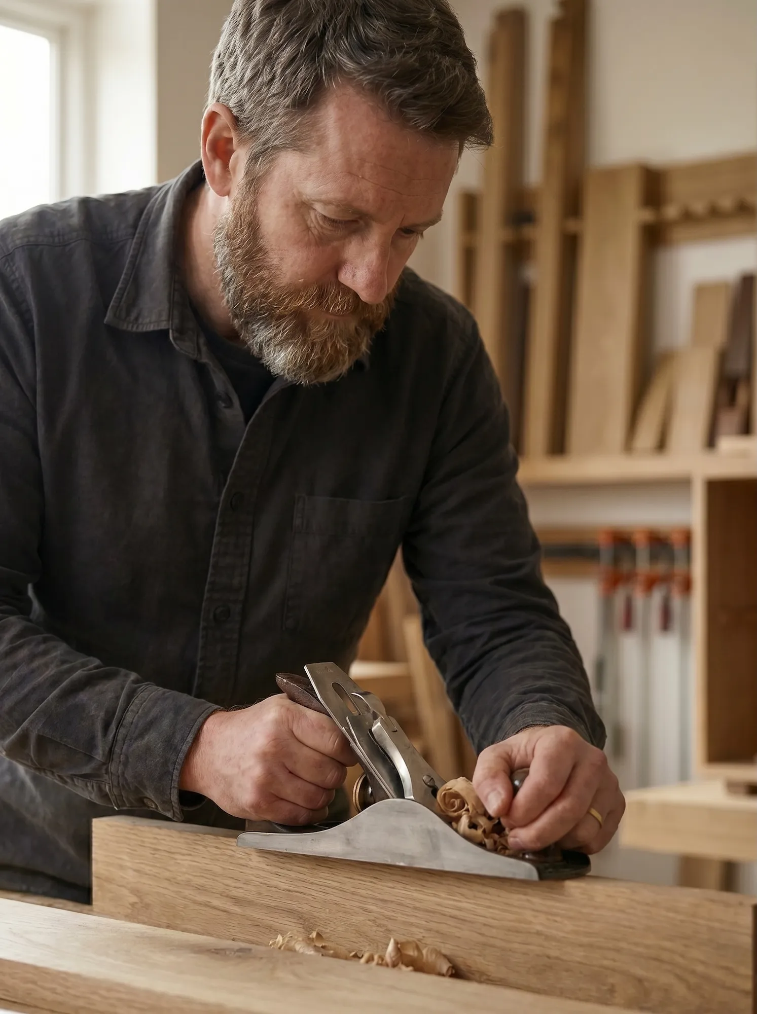 Edward Hale, founder and furniture maker of Oak & Furniture, in the Derby studio